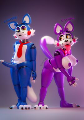 3d animatronic anthro balls bent_over big_breasts blender_(artwork) blue_body bow_tie breasts candy_(fnac) character_name chromatic_aberration cindy_(fnac) claws digital_media_(artwork) domestic_cat duo erection fangs felid feline felis female five_nights_at_candy's genitals half-closed_eyes hand_on_hip hi_res humanoid_genitalia humanoid_penis long_penis looking_at_viewer machine male mammal narrowed_eyes necktie penis purple_body red_bow_tie red_necktie robot robot_anthro standing tail tail_motion tailwag teeth text tongue tongue_out vincead watermark
