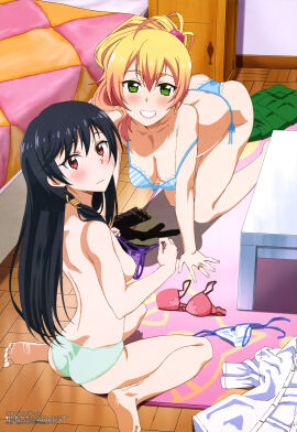 2girls absurdres all_fours ass barefoot bedroom black_hair blonde_hair blouse blue_panties blush bra breasts cleavage embarrassed feet female green_eyes green_panties hajimete_no_gal highres kashii_yui long_hair looking_at_viewer looking_back megami_magazine multiple_females multiple_girls official_art panties purple_panties red_eyes shirt sitting soles striped_bra striped_clothes table takeuchi_tetsuya teenage_female teenager thong toes topless underwear underwear_only unworn_clothes white_shirt yame_yukana