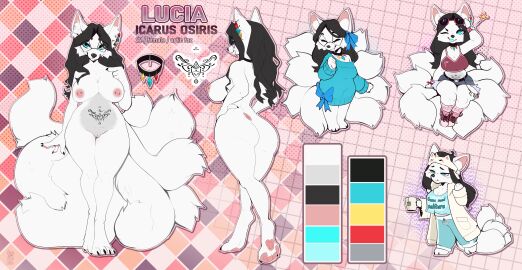 2025 4_toes 5_fingers anthro areola ass biped black_hair blue_eyes blue_tongue bottomwear breasts canid canine claws closed_eyes clothed clothed_anthro clothed_female clothing cocoline_(artist) digital_drawing_(artwork) digital_media_(artwork) ear_piercing eyewear eyewear_only feet female finger_claws fingers fox front_view fully_clothed fully_clothed_anthro fully_clothed_female genitals glasses glasses_only hair hand_on_hip hand_on_own_hip handpaw hi_res inner_ear_fluff lucia_(luciathecelestialvixen) mammal multi_tail nipple_piercing nipples nude nude_anthro nude_female one_eye_closed paws piercing rear_view sitting smile solo standing tail toe_claws toes tongue tongue_out topwear tuft vulva wearing_glasses white_tail