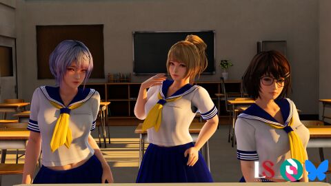 3d 3girls big_breasts blender blender_(software) blonde_hair breasts brown_hair classroom dead_or_alive dead_or_alive_xtreme_venus_vacation female glasses gyaru imminent_sex japanese_school_uniform le_sandman lilac_hair male nerd nerdy_female school_uniform schoolgirl shizuku_(doa) small_breasts student sunset tagme tsukushi_(doa) unseen_male xnalara yukino_(doa)