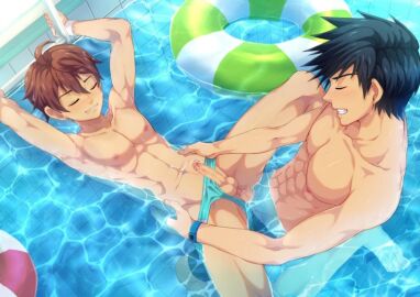 2boys black_hair brown_hair closed_eyes erection gay gay_male grin innertube male male/male multiple_boys multiple_males nipples penis pool smile swimsuit water yaoi