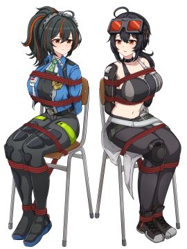 2girls absurdres ahoge arm_warmers arms_behind_back arms_bound arms_tied arms_tied_behind_back belt black_belt black_choker black_footwear black_hair black_pants black_sports_bra black_vest blue_footwear blue_jacket blue_necktie bondage bound bound_ankles bound_arms bound_legs bound_thighs bound_wrists breasts cape captured chair_bondage chair_tied checkered_necktie choker cleavage closed_mouth collarbone collared_shirt commentary_request female female_only femsub full_body goggles goggles_on_head grace_howard green_necktie grey_belt hair_between_eyes helpless hi_res high-waist_pants high_resolution highres hoyoverse jacket kidnapped large_breasts long_hair long_sleeves looking_at_another looking_at_partner metal_hairband midriff mihoyo milliani multicolored_hair multiple_females multiple_girls navel necktie nervous on_chair open_clothes open_jacket orange_eyes pants parted_lips police police_badge police_uniform policewoman ponytail powerless red_hair red_rope restrained restrained_arms restraints rope rope_bondage rope_harness shibari shirt shoes sidelocks simple_background single_bare_shoulder sitting sneakers sports_bra steam streaked_hair submissive submissive_female sweat tagme tie tied tied_arms tied_hands tied_legs tied_up tight_clothes tight_pants two-tone_hair two-tone_necktie uniform vest waist_cape white_background white_cape white_shirt worried worried_expression worried_look wrists_bound wrists_tied zenless_zone_zero zhu_yuan zipper zipper_pull_tab