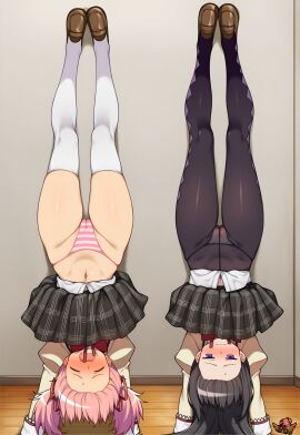 2girls ai_generated akemi_homura artist_logo black_hair blush classroom closed_eyes closed_mouth embarrassed hair_ribbon handstand hi_res indoors lewd long_hair madoka_kaname madoka_worship magical_girl mahou_shoujo_madoka_magica mitakihara_school_uniform open_mouth panties panties_under_pantyhose pantyhose pink_eyes pink_hair pink_thong puella_magi_madoka_magica purple_eyes red_ribbon ribbon ribbons school_uniform schoolgirl schoolgirl_uniform skirt_down straight_hair striped_panties sweatdrop thick_thighs thighhighs thighs thong twintails upside-down