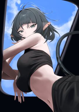 1girls absurdres animal_ear_piercing animal_ears bare_arms black_hair black_shorts blue_sky breasts commentary crop_top day female from_below grey_eyes hair_intakes highres jane_doe_(zenless_zone_zero) large_breasts long_hair looking_at_viewer midriff momocadraw mouse_ears mouse_girl mouse_tail navel shorts sky solo stomach tail zenless_zone_zero