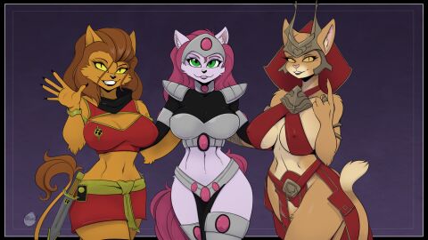 2024 2024s 3girls alien alien_cat alien_girl alternate_version_available anthro anthro_female anthro_only anthrofied beckoning brown_hair bucky_o'hare_(series) caitian_(species) cat_ears cat_girl cat_tail catgirl clothed_variant crossover empress_jasana female female_anthro fur furry furry_female gesturing_at_viewer gold_eyes gold_fur gold_highlights golden_eyes green_eyes jenny_(bucky_o'hare) looking_at_viewer master_of_orion mrrshan no_hair nude_version_available pink_crystals pink_hair red_clothes revealing_clothes revealing_clothing shiboline_m'ress star_trek star_trek_the_animated_series tail tan_fur trio waving waving_at_viewer white_fur yawg