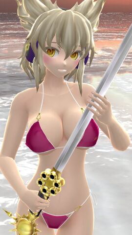 1girls 2023 3d beach bikini blonde-haired_female blush breasts clavicle cleavage female hati_yukkuri_mmd headset hips holding_weapon human light-skinned_female light_skin magenta_bikini mmd one_arm_up outdoors short-haired_female solo_female solo_focus sunset swimsuit sword touhou toyosatomimi_no_miko waist water weapon yellow_eyes
