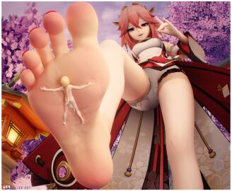 3d aether_(genshin_impact) barefoot blender cum femdom foot_fetish genshin_impact giantess hoyoverse humiliation kitsune mei_lee_art shrunken_male size_difference soles teasing tiny_male toes trampling yae_miko