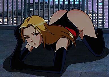 anime anime_girl anime_style ass ass_crack ass_shot bending black_leotard blonde_female blonde_hair brown_eyes butt_crack carol_danvers female knees_on_floor leggings long_gloves marvel marvel_comics ms._marvel ms._marvel_(carol_danvers) red_sash rooftop rooftops superhero_costume superheroine tight_clothing tight_fit webart20