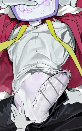asd1565326 bodily_fluids clothing deltarune electronics for_a_head genitals gloves handwear hi_res humanoid male metallic_body not_furry object_head penis solo suit sweat television tenna_(deltarune) touching_penis undertale_(series)