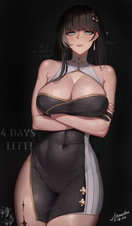 1girls baizhi_(wuthering_waves) black_hair blue_eyes breasts cameltoe chinese_clothes chinese_dress cleavage cleavage_cutout cleavage_overflow confused confusion cyan_eyes english_text female female_focus female_only female_rover_(wuthering_waves) large_breasts light-skinned_female light_skin long_hair looking_at_viewer male male_rover_(wuthering_waves) no_panties pussy rover_(wuthering_waves) shiwudesu tagme thick_thighs thighs tight_clothes tight_clothing tight_dress tight_fit wuthering_waves