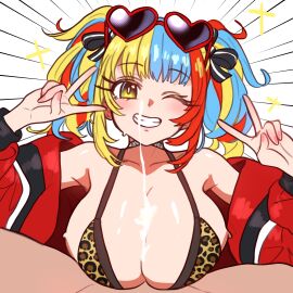 1boy absurdres animal_print bare_shoulders bikini bikini_top blonde_hair blue_hair blush breasts brown_bikini choker cleavage covered_paizuri cum cum_in_cleavage cumming_between_breasts cumming_from_paizuri cumming_in_cleavage cumshot cumshot_in_chest ebora ejaculating_cum ejaculating_in_cleavage ejaculation ejaculation_between_breasts engulfing_paizuri eyewear_on_head fate/grand_order fate_(series) female grin handsfree_paizuri heart heart-shaped_eyewear highres jacket large_breasts leopard_print long_hair long_sleeves looking_at_viewer male multicolored_hair off_shoulder official_alternate_costume one_eye_closed open_clothes open_jacket paizuri paizuri_flux paizuri_under_bikini red_hair red_jacket sei_shounagon_(fate) sei_shounagon_(swimsuit_berserker)_(fate) sei_shounagon_(swimsuit_berserker)_(second_ascension)_(fate) sidelocks smile straight sunglasses swimsuit swimsuit_paizuri swimsuit_top swimzuri twintails yellow_eyes youngmanisdown