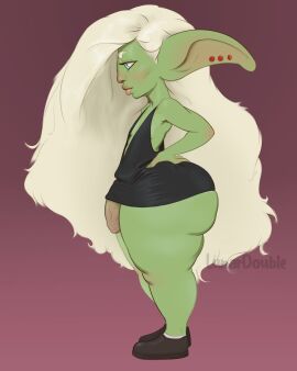 1futa alternate_version_at_source ani_(lunardouble) ass blonde_hair blue_eyes bottom_heavy bottomless clothed clothing ear_piercing evening_gown flaccid flat_chest futa_only futanari green_skin hand_on_own_ass huge_ass humanoid humanoid_penis intersex long_hair lunardouble mostly_clothed penis shoes shortstack side_profile side_view socks solo standing thick_thighs wide_hips