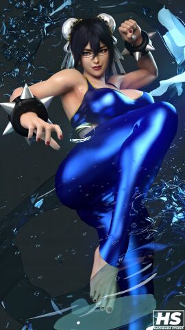 1girls 3d alternate_version_available ass big_ass big_breasts black_hair blue_eyes breasts chun-li_(cosplay) cosplay double_bun female female_only fighting_stance fumitan_admoss glasses gundam gundam_tekketsu_no_orphans hagiwara_studio high_resolution highres huge_breasts large_breasts nail_polish red_nail_polish red_nails smile solo spiked_bracelet street_fighter thick_thighs water