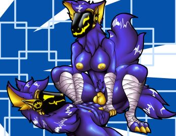 animal_genitalia animal_penis anthro big_breasts blue_body breasts canid canine canine_genitalia canine_penis canis cowgirl_position duo fan_character female from_front_position genitals hi_res humanoid irc_(artist) knot machine male male/female mammal nipples on_bottom on_top penetration penile penile_penetration penis protogen pussy robot sex vaginal_penetration