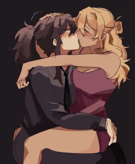 2girls arm_around_head arm_around_neck au black_pants blonde blonde-haired_female blonde_female blonde_hair blue_eyes blush blushing boobs breasts brown_hair class_of_'09 comic comic_page earring earrings eyes_closed female female_focus flustered gay_kissing grabbing grabbing_ass hair_bun headpat holding holding_ass jecka_(class_of_'09) jeckole juujjuli kissing light-skinned_female light_skin lip_piercing long_hair making_out medium_breasts messy_hair nicole_(class_of_'09) pale-skinned_female pale_skin pants pink_dress ponytail sitting sitting_on_lap suit suit_and_tie tan_body tan_skin thighs tie white_body white_skin yellow_hair yuri