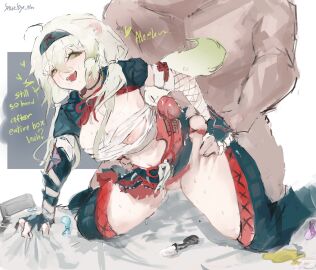 1boy 1girls ahoge animal_ears areola_slip armor bandaged_arm bandaged_chest bandages boby_069 breasts clothed_female_nude_male commission condom cum_on_breasts cum_on_face doggy_style duo english_text female female_focus ferret_ears ferret_girl ferret_tail fishnet_gloves fishnets gloves gradient_hair gradient_tail green_eyes green_hair green_tail guided_thigh_grab hair_between_eyes hairband heart highres imminent_penetration imminent_sex indie_virtual_youtuber laimu looking_back male monster_hunter monster_hunter_(character) multicolored_hair multicolored_tail nargacuga_(armor) nipple_slip nipples nude open_mouth penis penis_on_ass scale_armor sex sex_from_behind signature smug snuzby_nw spread_legs squirting sweat tail thigh_grab thighhighs torogao twintails two-tone_hair two-tone_tail used_condom virtual_youtuber vtuber white_hair white_tail