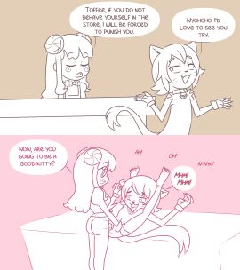 feet_over_head female femdom futa_on_enby futanari gumdrop_(syrup_and_the_ultimate_sweet) instant_loss intersex nonbinary_(lore) on_back on_table pussy syrup_and_the_ultimate_sweet toffee_(nomnomnami) vaginal_penetration