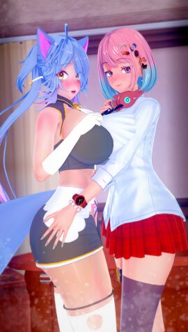 2girls 3d ass big_ass big_breasts big_thighs bracelet breasts cat_ears cat_girl cat_tail catgirl deluxe_rosie elbow_gloves female female_only gloves hands_on_breasts hands_on_hips headphones indie_virtual_youtuber long_sleeves looking_at_viewer miniskirt multicolored_hair naughty_face open_mouth reiyuguigui revealing_clothes rosie_(vtuber) short_hair skirt thighhighs twintails virtual_youtuber watch yellow_eyes