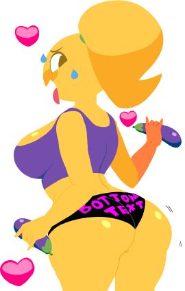 2010s 2017 ass back_view big_ass booty_shorts bottom_text cassettedream dream-cassette eggplant eggplant_emoji emoji_(race) emoji_slut emojifam_(sssir8) english_text female hoshime motion_lines no_outlines ponytail slut_emoji sweating tank_top text_on_clothing tongue tongue_out transparent_background yellow_skin