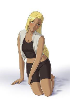 black_top blonde_hair clothed compression_shorts crescent_moon_sadino dark-skinned_female dark_skin female gold_eyes kaedeyayy kneeling mahou_shoujo_tokushusen_asuka solo spandex stomach