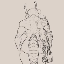 angry animated ass asymmetrical_arms back_view backboob breasts dragon_girl elf_ears female horns huge_ass jimmywhatdraws looking_at_viewer muscular muscular_female tail turning_head weapon weapon_over_shoulder