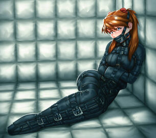 2023 2d 2d_(artwork) asuka_langley_sohryu bdsm_gear bdsm_outfit blue_eyes blush blushing_at_viewer bondage bondage_gear bondage_outfit bound female gag gagged latex latex_suit light-skinned_female light_skin looking_at_viewer neon_genesis_evangelion padded_room reversetension straitjacket submissive submissive_female
