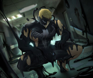 1boy abandoned_building abs absorption assimilation big_pecs blonde_hair bulge cocky dutch_angle eddie_brock evil_grin facial_hair gasaiv goo goo_transformation looking_at_viewer looking_down looking_down_at_viewer male male_only marvel marvel_comics muscular muscular_arms muscular_chest muscular_thighs naughty_face nipples null_bulge pecs pov pov_eye_contact rape_face smile smiling_at_viewer smirk smirking_at_viewer smug solo solo_male spread_legs squatting transformation venom_(marvel)