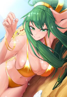 2girls beach bikini bikini_bottom bikini_top breasts buried_in_sand cleavage crab female female_only fire_emblem fire_emblem_awakening golden_bikini golden_bikini_bottom golden_bikini_top green_eyes green_hair large_breasts looking_at_viewer manakete multiple_females multiple_girls nintendo nowi_(fire_emblem) outdoors pointy_ears ponytail smile solo_focus tiki_(fire_emblem) tiki_(fire_emblem)_(adult) ttikhii