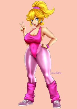 1girls 2d aerobics_clothing artist_name big_breasts blonde_hair blue_eyes breasts busty cleavage exercise exercise_clothing female female_only fitness huge_breasts large_breasts leotard mario_(series) nintendo ozvolt peace_sign ponytail princess princess_peach shoes solo solo_female super_mario_bros. tagme thick_thighs v_sign wide_hips