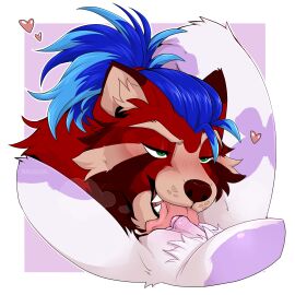 absurd_res ailurid anthro blue_hair blush bodily_fluids cunnilingus duo female fur genitals hair hi_res hunnystrawberrybunny lagomorph leporid looking_at_viewer male male/female mammal open_mouth oral pregnant purple_body purple_fur pussy rabbit red_body red_fur red_panda redcreate71 saliva sapphynhoa sex teeth tongue vaginal_penetration