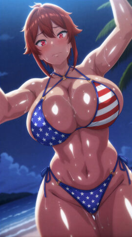 1girls 4k 4k_resolution 8k ai_generated aizawa_tomo american_flag_bikini beach bikini breasts female female_focus female_only hi_res high_resolution hires huge_breasts large_breasts looking_at_viewer night nighttime red_eyes red_hair shiny_skin short_hair solo swimsuit tagme thick_thighs thighs tomo-chan_wa_onna_no_ko toned_female top_heavy upscaled voluptuous voluptuous_female wet wide_hips