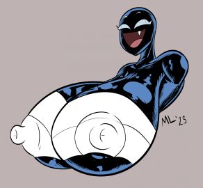1girls ameizing_lewds big_breasts breasts breasts_bigger_than_head covered_erect_nipples fang fangs female female_only grey_background hyper_breasts marvel marvel_comics naked nude robinebra she-venom she-venom_(ameizing_lewds) solo spider-man_(series) symbiote venom venom_(marvel)