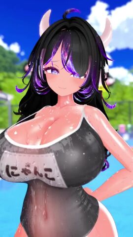 1girls 3d 3d_model :3 animal_ears background bare_hips bare_shoulders black_ears black_hair black_swimsuit black_text blue_sky blurry_background blurry_foreground blush blushing_female bouncing bouncing_breasts breast_focus breasts breasts_bigger_than_head breasts_squeeze breasts_squeezed_together closed_mouth_smile closed_smile clothed clouds covered_breasts covered_navel cow_ears cow_horns curvy curvy_female curvy_figure dreamy7w7 ear_tag female female_only front_view gradient_eyes gradient_hair hair_between_eyes half_body hips horns huge_breasts kemonomimi light-skinned_female light_skin long_hair looking_at_viewer mountains multicolored_hair navel no_bra outdoors pool pov purple_eyes purple_hair school_swimsuit sky smile smiley_face solo solo_female squeezing_breast standing streaked_hair swimsuit tagme text_on_clothing trees two-tone_hair video voluptuous voluptuous_female vr vr_media vrchat vrchat_avatar vrchat_media vrchat_model vtuber white_horns wide_hips