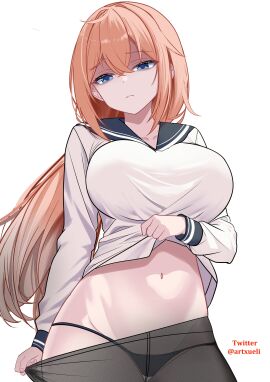 1girls absurdres black_panties black_sailor_collar blue_eyes breasts closed_mouth clothes_lift clothes_pull commentary cowboy_shot crossed_bangs female highres large_breasts long_hair long_sleeves looking_at_viewer michinoku_komaro navel no_pants orange_hair panties pantyhose pantyhose_pull sailor_collar school_uniform seitokai_ni_mo_ana_wa_aru! serafuku shaded_face shirt shirt_lift simple_background solo stomach strawberry_blonde_hair twitter_username underwear white_background white_shirt xueli_shimazaki