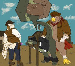 alligator alligatorid anal anal_sex anthro ass assless_pants avian balls bandana bandits belly bodily_fluids bottomwear bottomwear_down canid canine canis chaps closed_eyes clothed clothing cowboy cowboy_hat criminal criminal_scum crocodilian cum cum_in_ass cum_inside cum_on_chin cum_on_face cum_on_muzzle degradation disgusted_expression disgusted_face domestic_dog foreskin genital_fluids genitals group gun_holster hat headgear headwear humiliation infernous isaac_(zerostar) kerchief male male/male mammal markwulfgar mask neckerchief open_clothing open_shirt open_topwear outside outside_sex pants pants_down partially_clothed partially_retracted_foreskin penetration penis public public_humiliation punishment punishment_sex raised_tail reptile restraints retracted_foreskin scalie sex sheriff shirt slightly_chubby snaggle_teeth spurs stocks tail topwear trigger_(wordcaster) trio unbuttoned_shirt uncircumcised veiny_pecs western