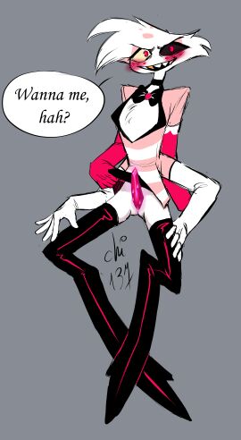 angel_dust_(hazbin_hotel) angry angry_expression angry_eyes angry_face anthro blush chi_137 color colored costume gloves hazbin_hotel long_boots looking_at_viewer male penis penis_out sharp_teeth sitting skirt skirt_up smile smiling_at_viewer spider_humanoid