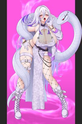 bare_shoulders belt blush boots bracelet breasts cleavage covered_erect_nipples dress female forked_tongue full_body gloves gradient_hair huge_breasts jacket jewelry kangaruu_(momotk1109) long_hair pelvic_curtain pink_eyes purple_hair snake solo thighhighs tongue white_hair
