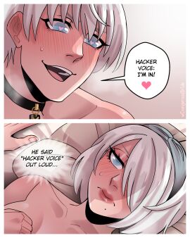 1boy 1girls blue_eyes blush choker completely_nude dangerousbride dialogue english_text female hair_over_one_eye hairband heart heart-shaped_pupils heavy_blush imminent_sex lying lying_on_bed male mole mole_under_mouth nier:_automata nude smiling speech_bubble very_high_resolution white_hair wholesome yorha_2b yorha_9s