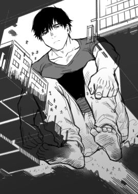 1boy barefoot black_eyes black_hair city emotionless from_below giant giant_male male male_only monochrome muscular muscular_male original solo yukibi_(ykb)