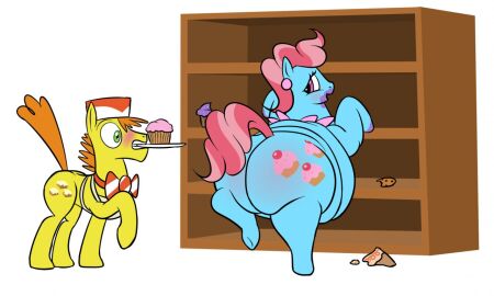 2013 ass big_ass big_belly blush bowtie carrot_cake_(mlp) cookie cup_cake_(mlp) cupcake duo earth_pony erection female frosting green_eyes hasbro holding_plate looking_at_ass my_little_pony my_little_pony_friendship_is_magic obese orange_mane plate purple_eyes shelf source_deleted white_apron white_background