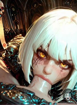 1boy 1girls adepta_sororitas ai_generated alberist armored_female blunt_bangs bob_cut church close-up clothed cum cum_in_mouth deepthroat eyeliner facial_scar fellatio glowing_eyes large_penis looking_at_viewer penis pov scar scar_over_eye servo-skull solo_focus straight tagme thick_lips veiny_penis video warhammer_40k white_hair yellow_eyes