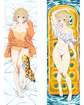 1girls arm_up armpits ass_visible_through_thighs bare_arms bare_belly bare_legs bare_shoulders bare_thighs barefoot bed_sheet belly_button bikini blonde_hair blue_eyes blush breasts cleavage collarbone dakimakura dakimakura_design feet female human kanojo_okarishimasu knee_blush light-skinned_female light_skin medium_breasts mouth_closed nanami_mami nightgown official_art open_mouth panties pillow pool shirt smile solo strap_slip thigh_gap thighs toes water white_bikini
