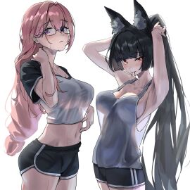 2girls alternate_costume animal_ears armpits black_hair breasts closed_mouth dolphin_shorts female fox_ears glasses hair_between_eyes highres hoshimi_miyabi large_breasts long_hair looking_at_viewer midriff multiple_females multiple_girls pink_eyes pink_hair ponytail red_eyes see-through_clothes semi-rimless_eyewear shorts simple_background sweat tora_(kumo_sakamoto) tsukishiro_yanagi two-tone_shirt very_long_hair white_background zenless_zone_zero