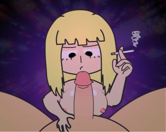 1boy 1girls big_penis blonde_hair blowjob breasts cigarette cigarette_in_hand cloey_(cruz4t) epilepsy_warning female large_filesize light-skinned_female light-skinned_male macromedia_flash_8_(application) male nec-12 original penis purple_background request requested seizure_warning smoke smoking too_much_frames unamused yellow_hair