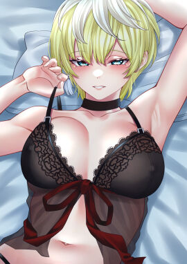 blonde_hair blue_eyes breasts female izumo_tenka large_breasts lingerie looking_at_viewer mato_seihei_no_slave navel nipples_visible_through_clothing pillow ribbon seductive seductive_eyes seductive_look short_hair smile very_short_hair wanzi_(99wanzi99)