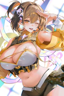 anis_(nikke) brown_eyes brown_hair female goddess_of_victory:_nikke highres idol idol_clothes n1n1 navel official_alternate_costume official_alternate_design one_eye_closed open_mouth plump shorts smile sweat tummy
