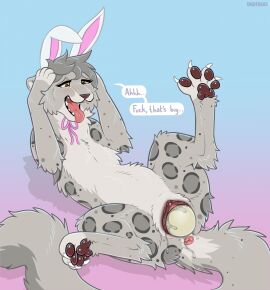 1girls anus bodily_fluids claws dialogue digi_(digi) digitoxici easter egg egg_from_pussy egg_laying fake_ears fake_rabbit_ears feet felid feline female female_only feral fur genital_fluids genitals grey_body grey_fur grey_hair hi_res holidays lying mammal nippleless on_back open_mouth pantherine pawpads pussy snow_leopard solo speech_bubble toe_claws tongue tongue_out vaginal_fluids