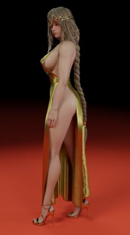 1girls 3d 3d_model alternate_hairstyle big_breasts big_hips blender blender_(software) braid braided_hair braided_ponytail breasts crown curvy_body curvy_female dress elden_ring female female_only fromsoftware gold_dress gold_eyes gold_jewelry heeled_sandals high_heel_sandals high_heels highres hiirusama hips hourglass_figure jewelry long_hair mature_female milf mother older_female queen queen_marika_the_eternal revealing revealing_breasts revealing_clothes ryanreos showing_leg simple_background single_braid solo stiletto_heels stiletto_sandals very_long_hair