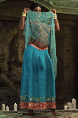 1futa 3d artist_name barefoot black_hair breasts bridge_piercing bulge bulge_through_clothing dark-skinned_futa dark_skin feet futa_only futanari green_eyes indian indian_clothes indian_futa intersex kali_(skykliker) long_skirt medium_breasts nipples nipples_visible_through_clothing original original_character penis penis_outline penis_under_clothes piercing sari skirt skykliker solo solo_futa translucent_clothing