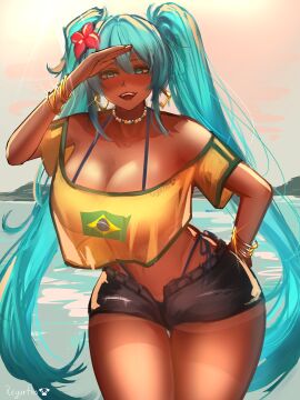 1girls absurdres alternate_breast_size_(larger) aqua_eyes aqua_hair arm_up bead_choker beads bikini bikini_under_clothes blush bracelet brazilian_flag brazilian_flag_print brazilian_miku breasts cleavage cropped_shirt dark-skinned_female dark_skin denim denim_shorts earrings female flag_print flower gold_earrings hair_flower hair_ornament hand_on_own_hip hatsune_miku highres jewelry large_breasts long_hair multiple_bracelets off_shoulder open_mouth outdoors rectangular_earrings reyarths see-through_clothes shading_eyes short_shorts shorts sketch swimsuit tan vocaloid water wide_hips